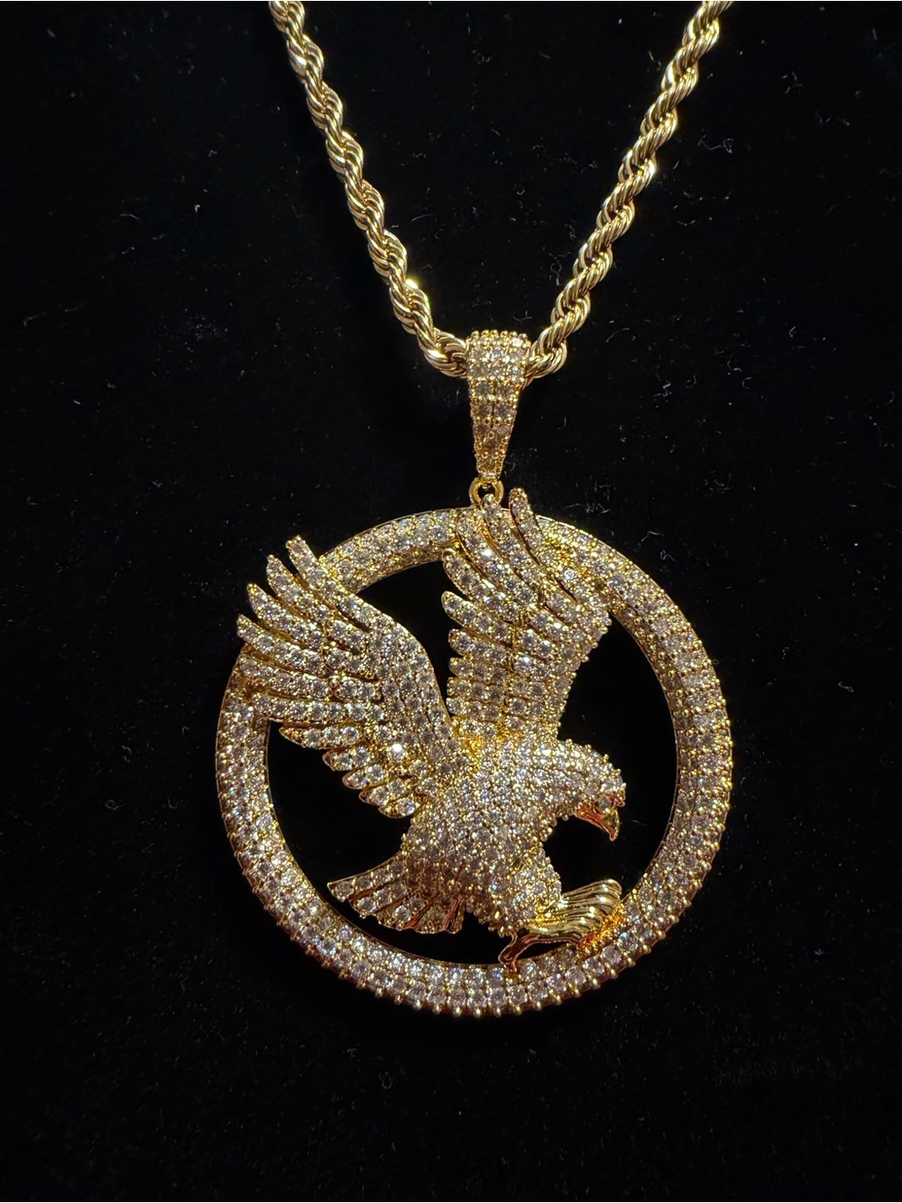 14K Gold Plated Eagle Pendant with 24” Rope Chain – Full Moissanite